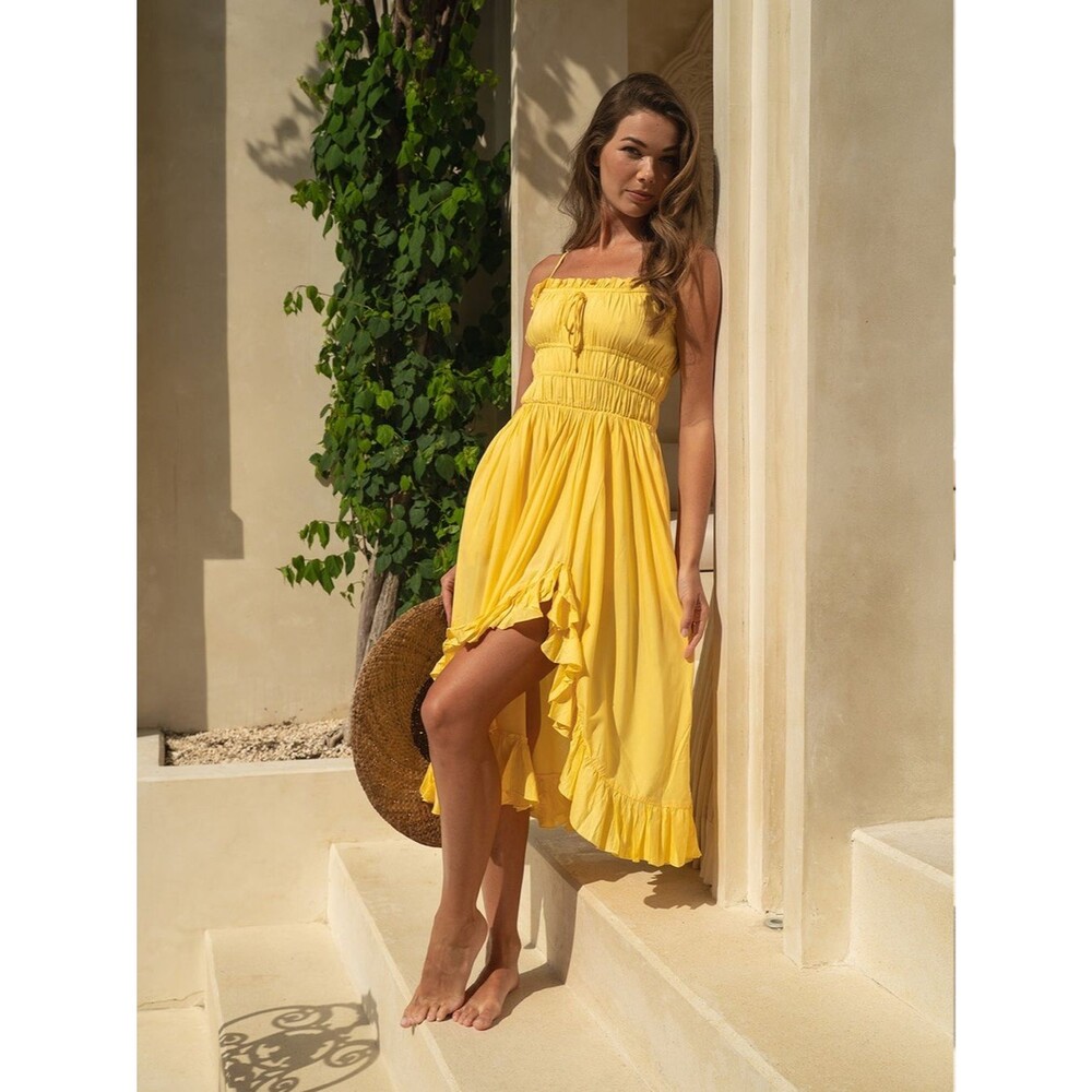 Cocopiña Carmen Midi Dress Yellow Ruffle Viscose